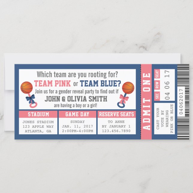Sports Ticket Gender Reveal Invitation, Basketball Invitation (Front)