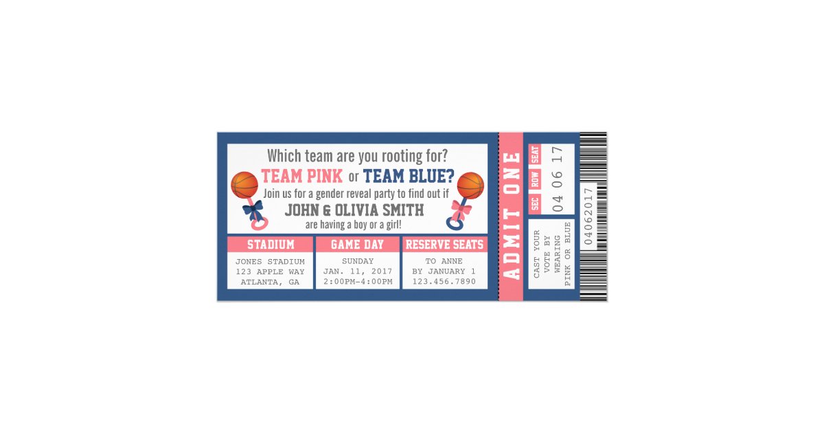 Sports Ticket Gender Reveal Invitation Basketball Invitation Zazzle