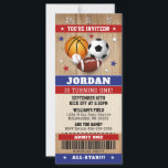 Sports Ticket Invite, Sports Birthday Invitation<br><div class="desc">Enjoy this sports all-star birthday invitation,  SCORE! It's the perfect way to invite guests to your child's sports themed birthday party. This is a sporty styled sports invitation with a wood background!</div>