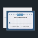 Sports Trading Card Bar Mitzvah Reply RSVP<br><div class="desc">If the Bar Mitzvah is all about sports,  extend the sports theme to the response card and make it a sports trading card.  A light blue pinstriped background against dark blue shows off the embroidered or tackle twill look RSVP lettering bordered by light blue stars. Available with matching products.</div>