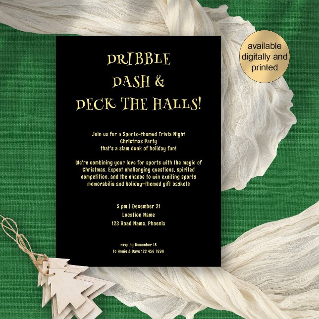 Sports Trivia Theme Gold Black Christmas Party  Invitation (Available digitally or printed for your festive sports trivia quiz night or edit as desired!)