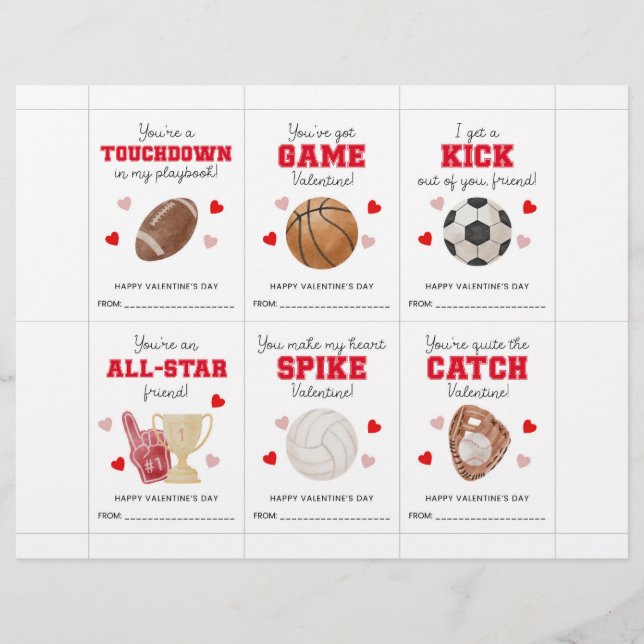 Sports Valentine’s Day Cards for Kids Classroom  (Front)