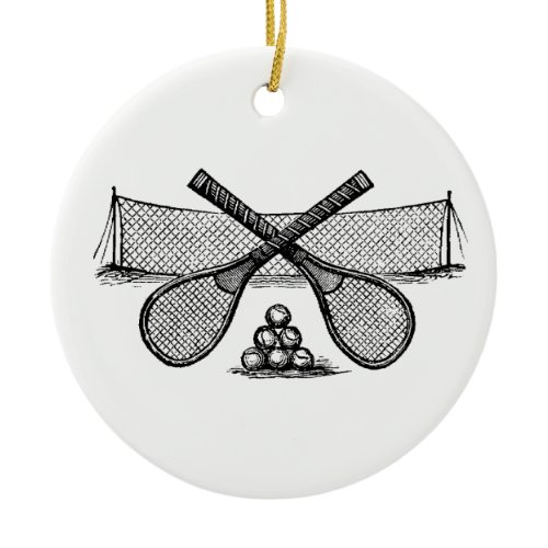 Sports Vintage Tennis Net, Crossed Racquets, Balls Ceramic Ornament