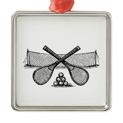Sports Vintage Tennis Net, Crossed Racquets, Balls Metal Ornament