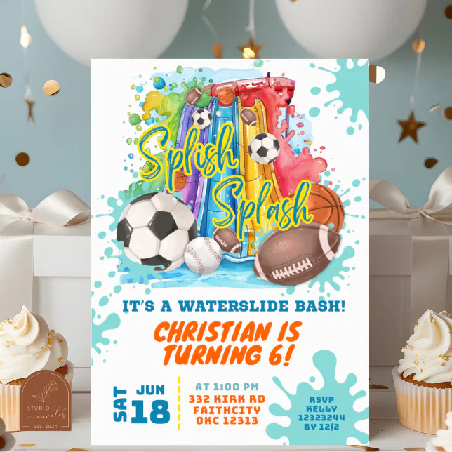 Sports Waterslide Pool Birthday Party Invitation | Zazzle