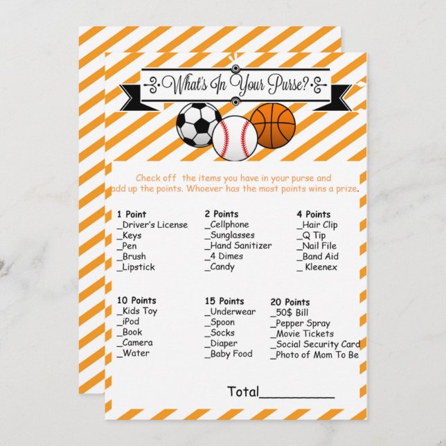 Sports What's in Your Purse Baby Shower Game Invitation (Front/Back)
