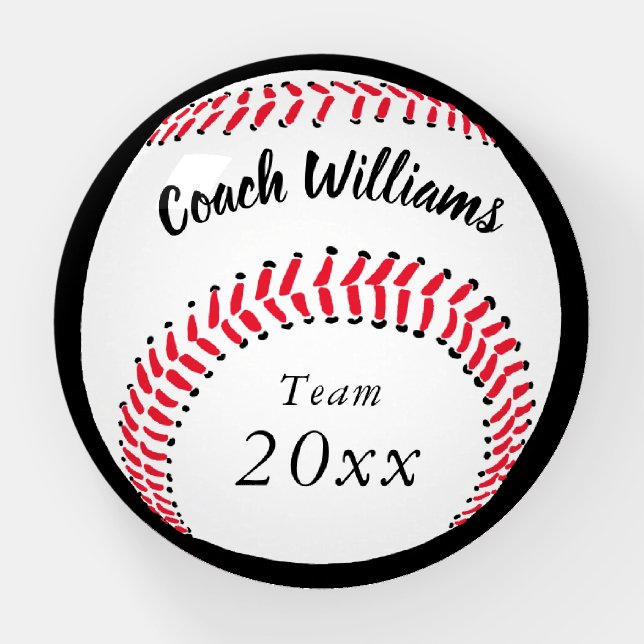 Sports White Red Baseball Coach Name Team Year Paperweight (Front)