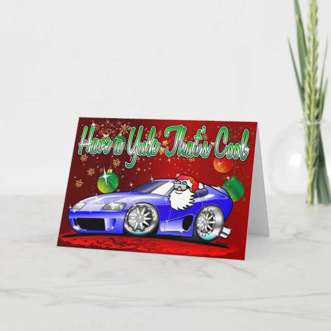 Sportscar Cartoon Santa Christmas Card (Front)