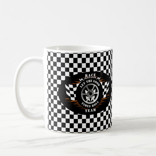 Sportscar Racing Wheel Flames Checkered Flag Pro Coffee Mug (Left)