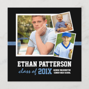 Sporty 3 Photo Graduation Announcement Black Blue