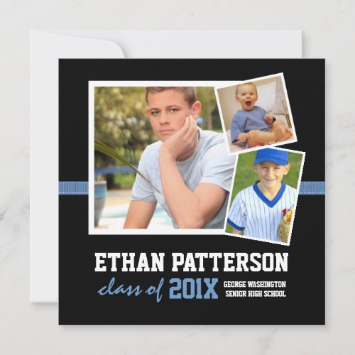 Sporty 3 Photo Graduation Announcement Black Blue