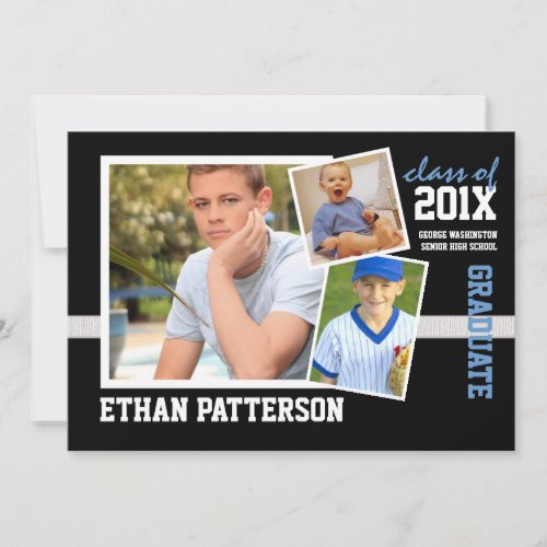 Sporty 3 Photo Graduation Announcement Black Blue