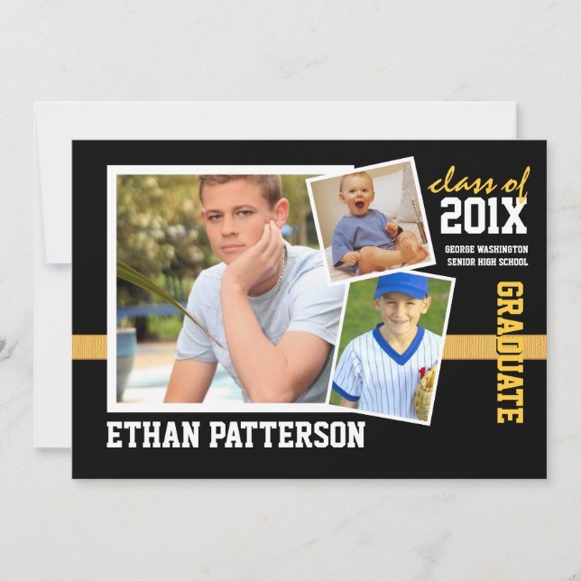 Sporty 3 Photo Graduation Announcement Black Gold (Front)