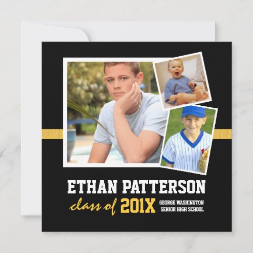 Sporty 3 Photo Graduation Announcement Black Gold
