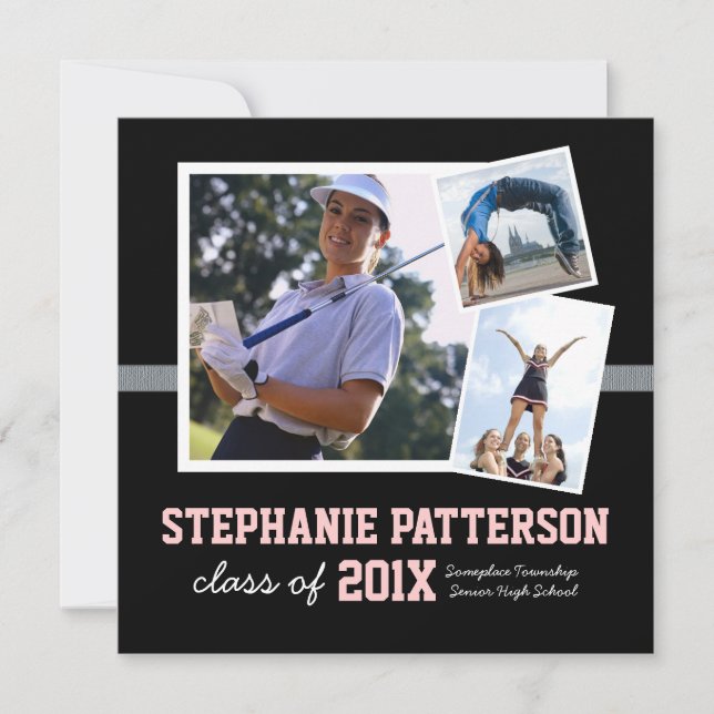 Sporty 3 Photo Graduation Announcement Black Pink (Front)