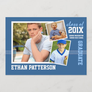 Sporty 3 Photo Graduation Announcement Blue White