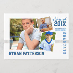 Sporty 3 Photo Graduation Announcement White Blue
