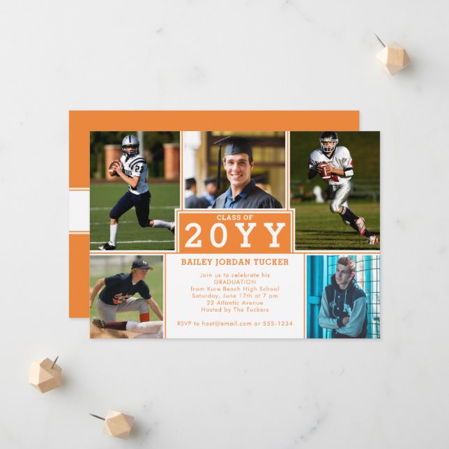 Sporty 5-Photo Orange White Graduation Invitation (Front/Back In Situ)