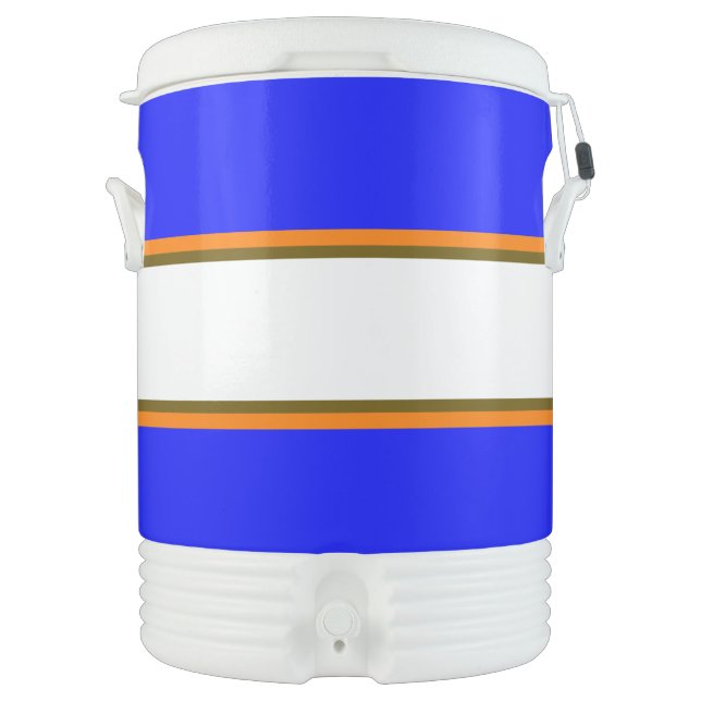 Sporty 70s Vivid Blue Orange White Racing Stripes Beverage Cooler (Front)