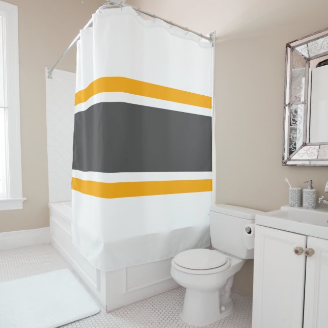 Sporty 70s Wide Gray White Orange Racing Stripes Shower Curtain (In Situ)