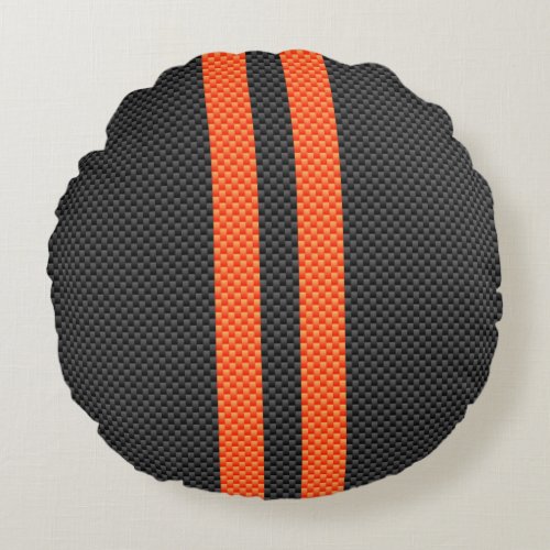 Sporty Accent Orange Stripes Carbon Style Print Round Pillow