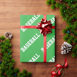 Sporty Athletic Bright Green White BASEBALL Text Wrapping Paper
