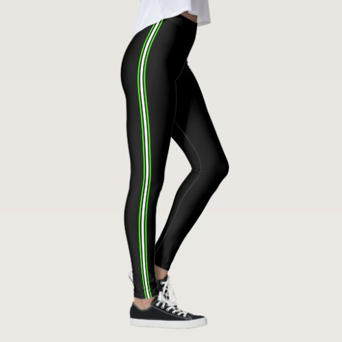 Sporty athletic stripe green white black leggings