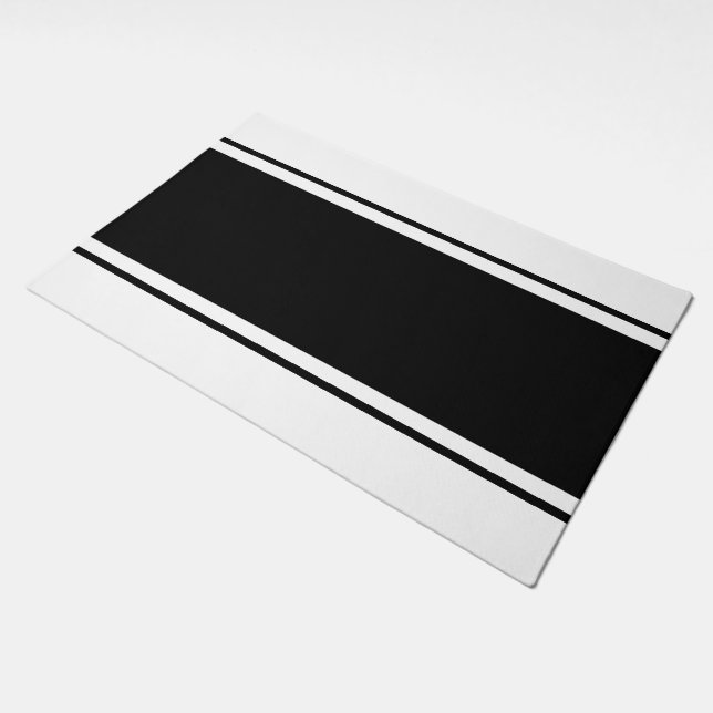 Sporty Athletic Wide Black White Racing Stripes Doormat (Angled)