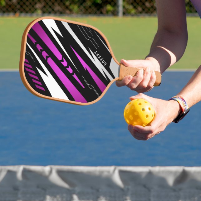 Sporty Background Purple White and Black Monogram Pickleball Paddle (Insitu)