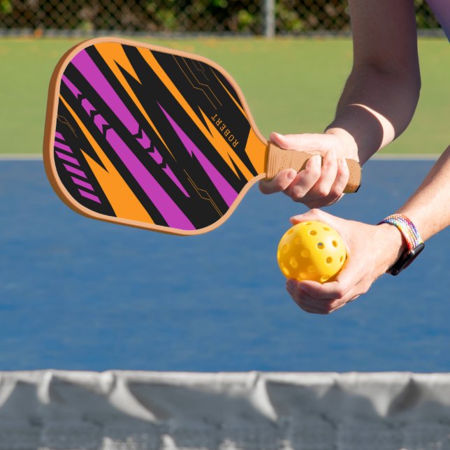 Sporty Background Purple Yellow and Black Monogram Pickleball Paddle (Insitu)