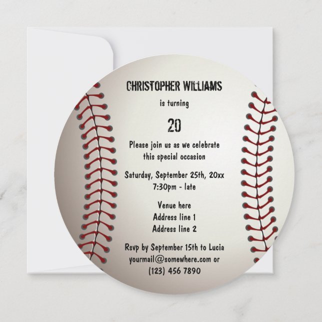 Sporty Baseball 20th Birthday Party Double Sided Invitation (Back)