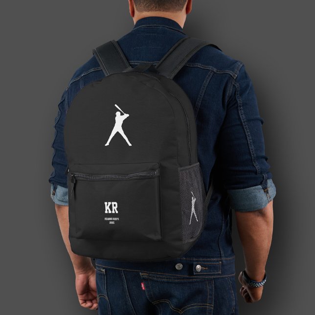 Sporty Baseball Silhouette Monogram Black White Printed Backpack (Sporty Baseball Silhouette Monogram Black White Printed Backpack
)
