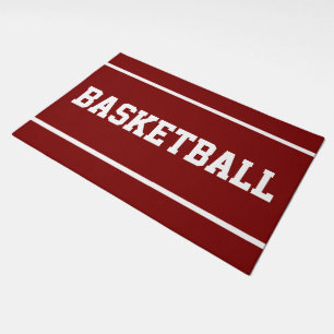 Sporty BASKETBALL White Text Stripes On Deep Red Doormat