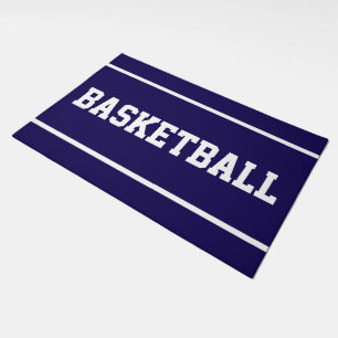 Sporty BASKETBALL White Text Stripes On Navy Blue Doormat