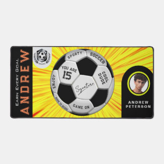 Sporty Birthday | Yellow Custom Text Photo Soccer Desk Mat