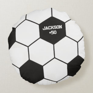 Sporty Black And White Soccer Ball Pattern Custom Round Pillow