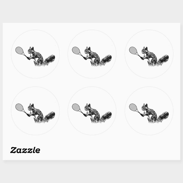 Sporty Black and White Squirrel Tennis Player Classic Round Sticker (Sheet)