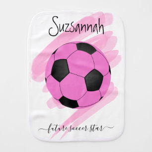 Sporty Black Pink Soccer Ball Personalized Name Baby Burp Cloth
