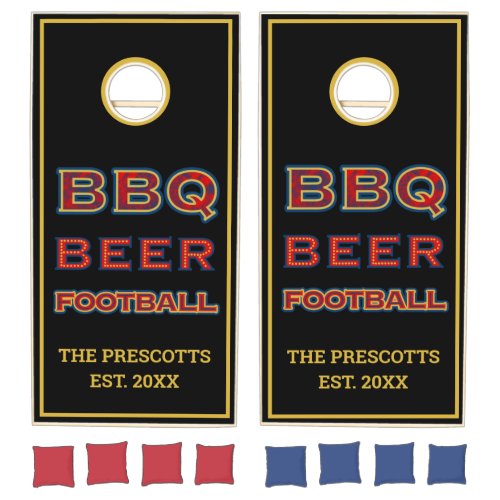 Sporty Black Red Blue Gold BBQ Beer Football Cornhole Set