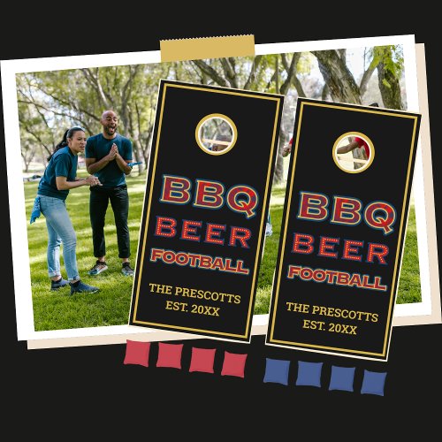 Sporty Black Red Blue Gold BBQ Beer Football Cornhole Set