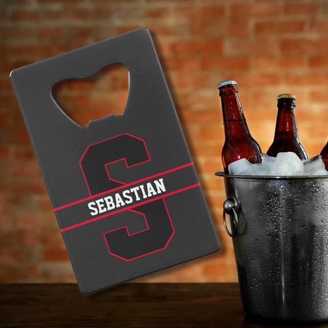 Sporty Black Red White Personalized Monogram  Credit Card Bottle Opener (Creator Uploaded)
