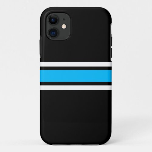 Sporty Black Sky Blue White Center Racing Stripes iPhone 11 Case