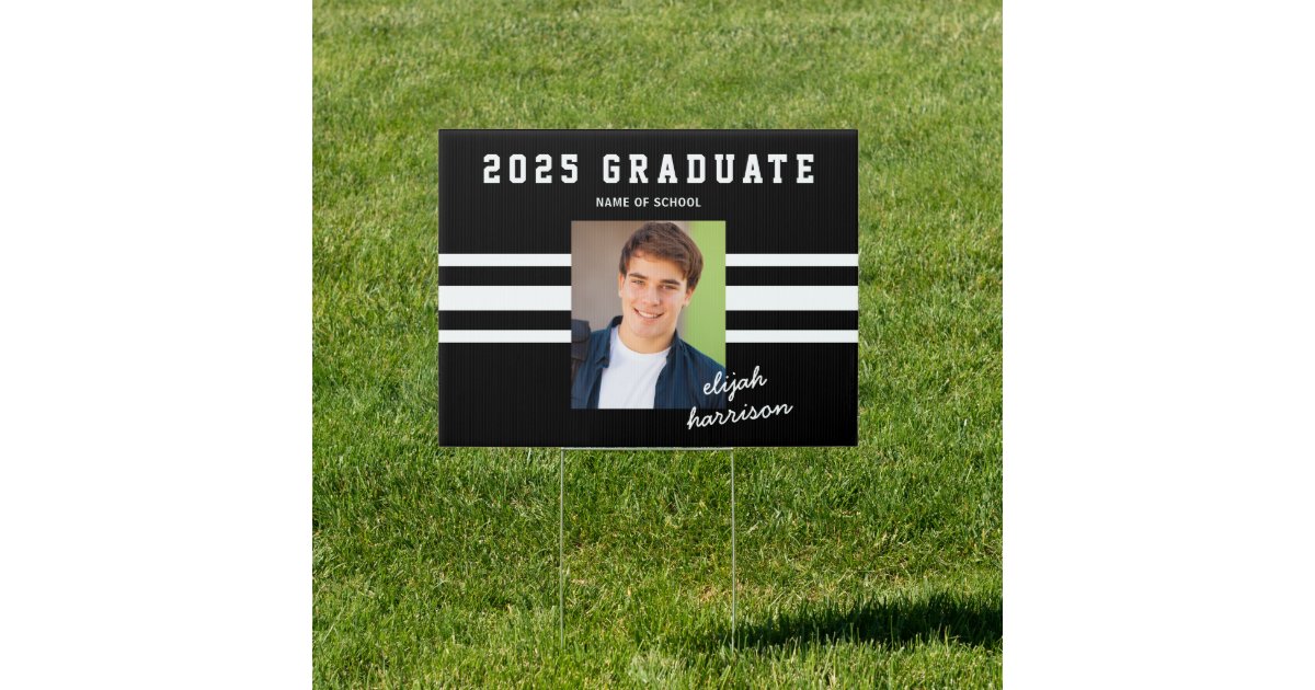 Sporty Black & White Custom Photo Graduation Yard Sign | Zazzle
