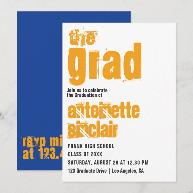 Sporty Blue and Orange Typography Grad Invitation (Front/Back)