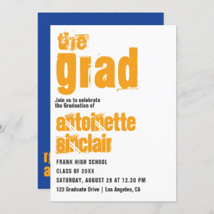 Sporty Blue and Orange Typography Grad Invitation