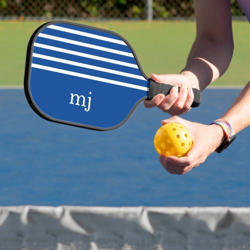 Sporty Blue and White Stripes with Monogram Pickleball Paddle