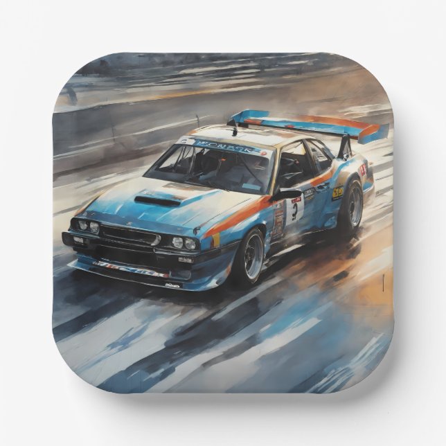 Sporty Blue Racing Car Paper Plates (Front)