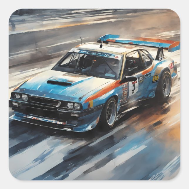 Sporty Blue Racing Car Square Sticker (Front)
