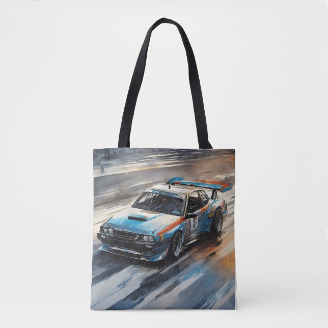 Sporty Blue Racing Car Tote Bag (Front)