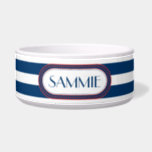 Sporty Blue | White Stripes Pattern Monogram Bowl<br><div class="desc">Sporty dark midnight blue and white with red accents nautical look bold stripes style pattern. Some items in this design collection can be personalized with your initial or name and/or other text in the fields provided. Other color combinations are available upon request. If you like this pattern, but don't see...</div>